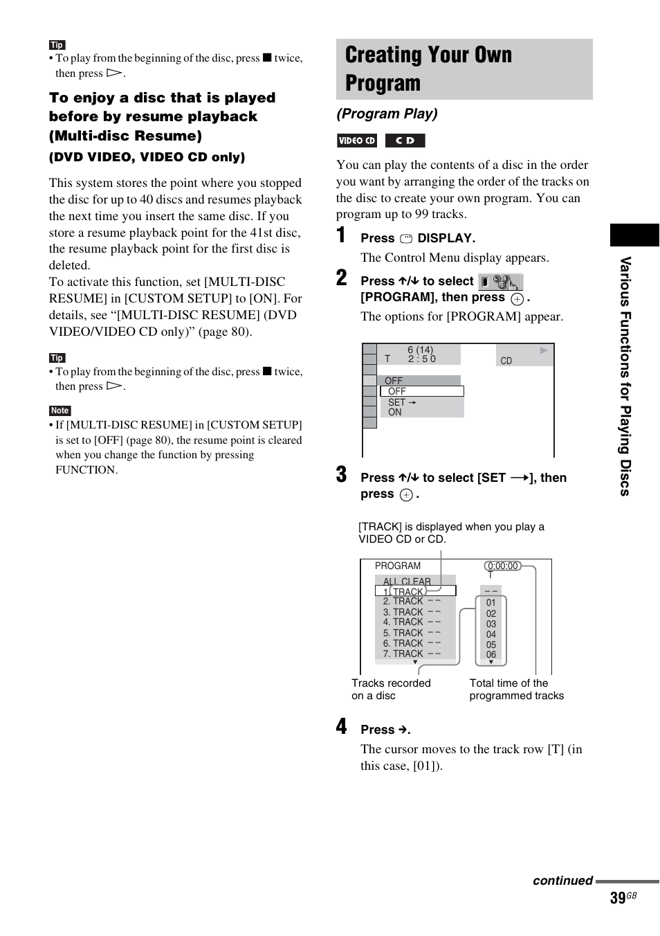 Creating your own program, Program play) | Sony DAV-DZ555M User Manual | Page 39 / 108