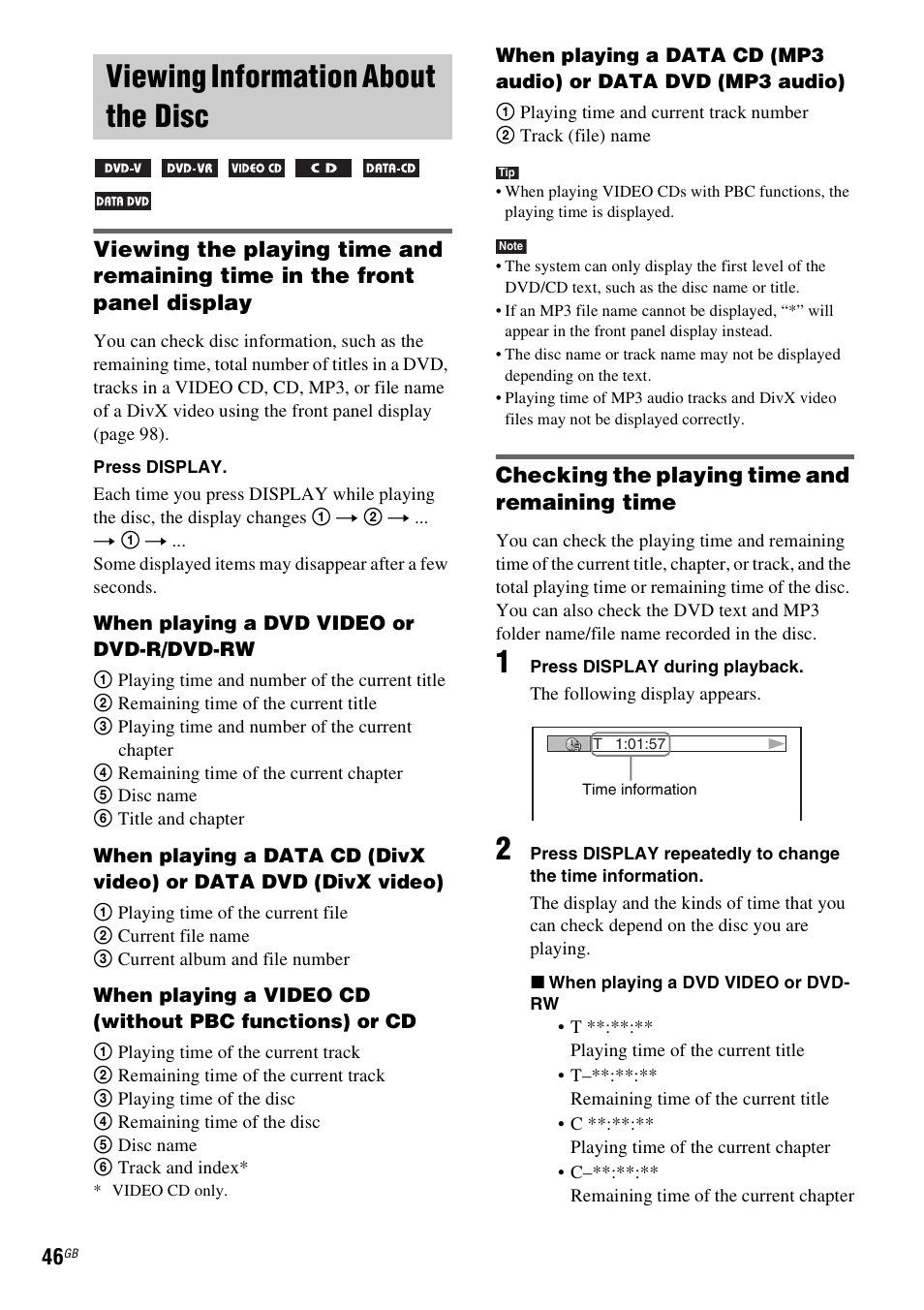 Viewing information about the disc, Checking the playing time and remaining time | Sony DAV-DZ555M User Manual | Page 46 / 108