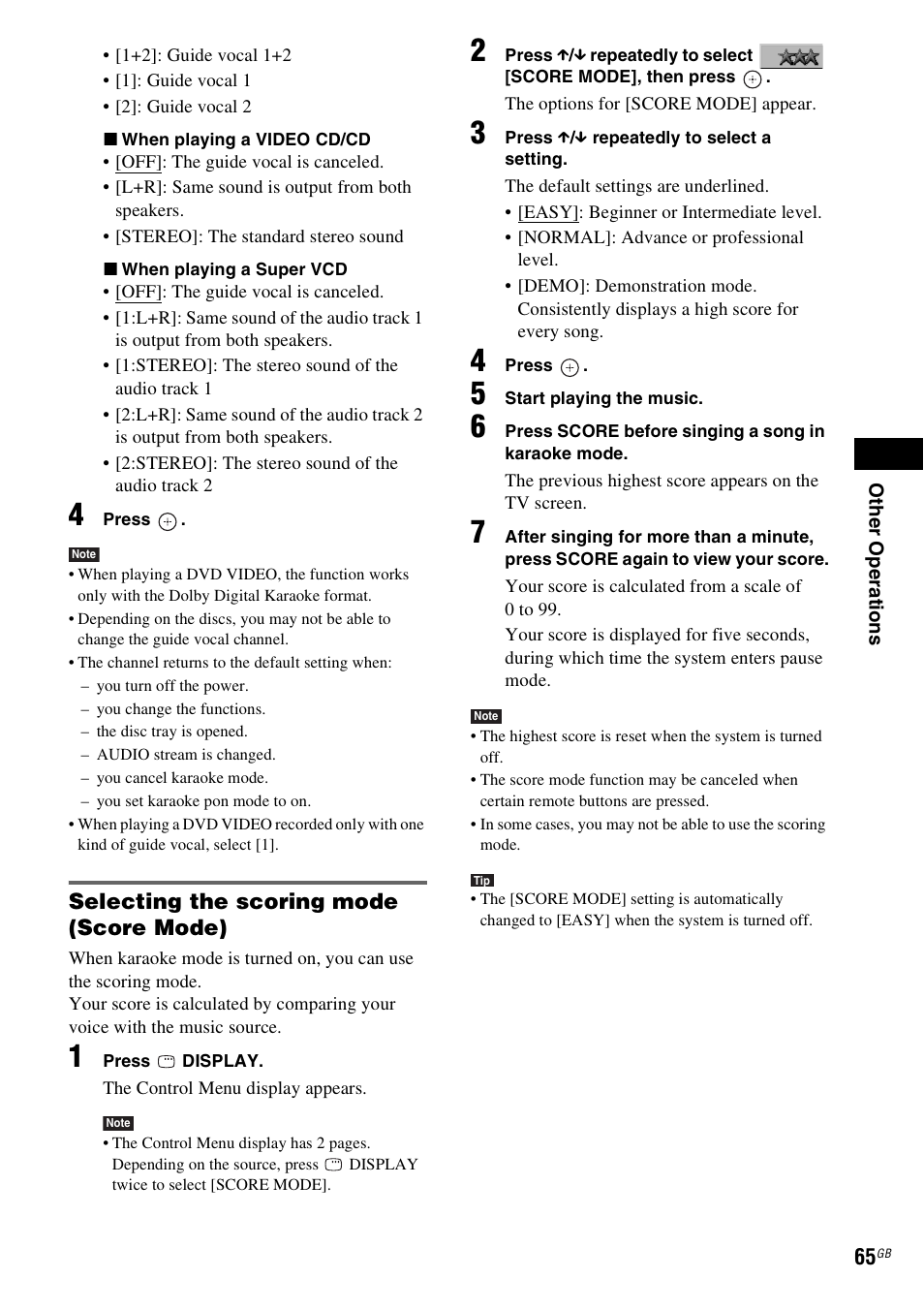 Selecting the scoring mode (score mode) | Sony DAV-DZ555M User Manual | Page 65 / 108