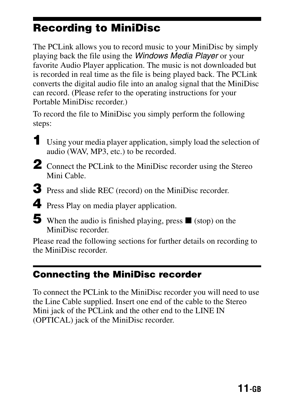 Recording to minidisc, Connecting the minidisc recorder | Sony PCLink User Manual | Page 11 / 76