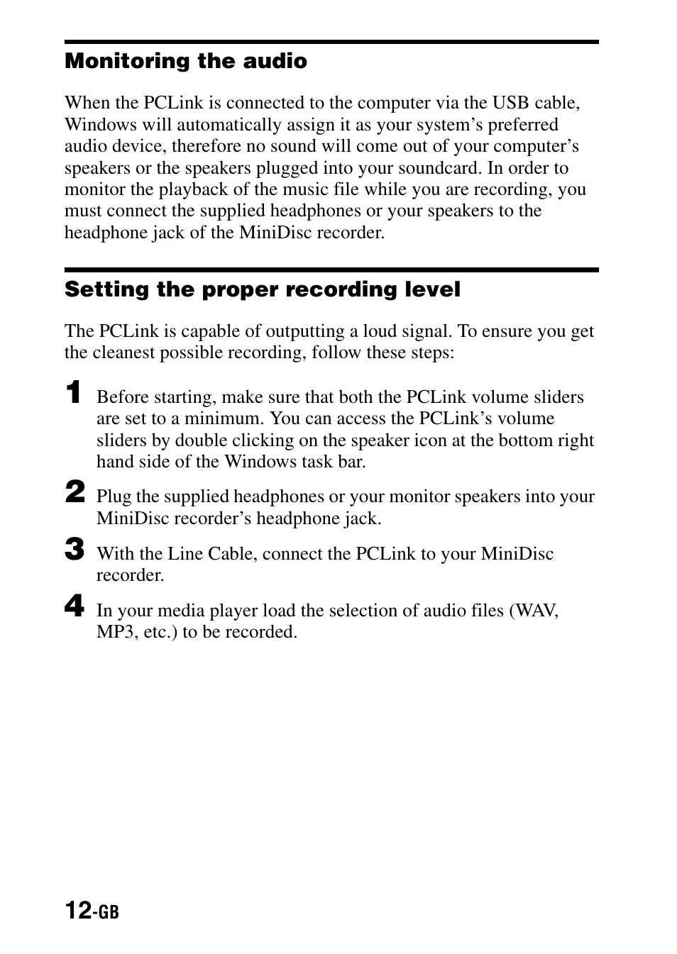 Monitoring the audio, Setting the proper recording level | Sony PCLink User Manual | Page 12 / 76