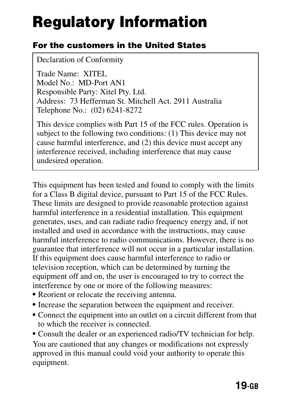 Regulatory information, For the customers in the united states | Sony PCLink User Manual | Page 19 / 76