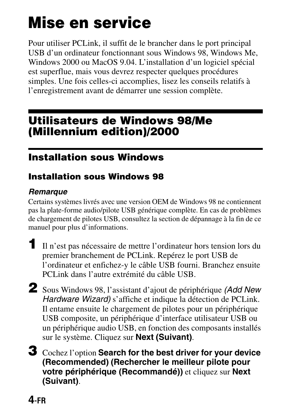 Mise en service, Installation sous windows | Sony PCLink User Manual | Page 22 / 76