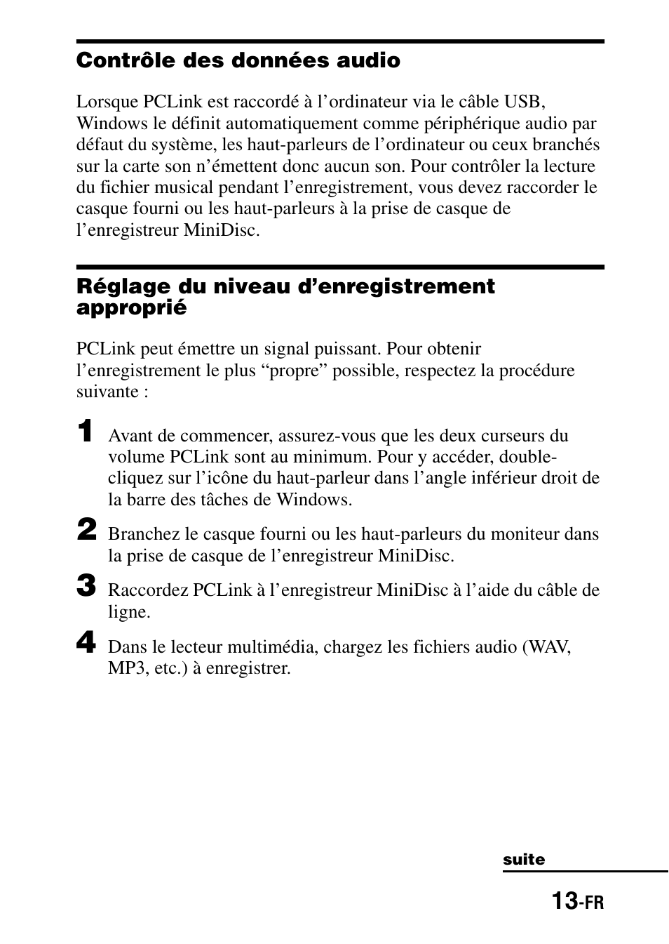 Contrôle des données audio, Réglage du niveau d’enregistrement approprié | Sony PCLink User Manual | Page 31 / 76