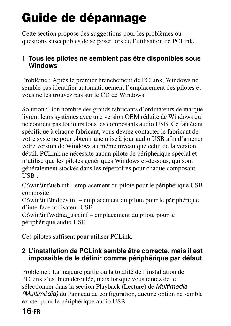 Guide de dépannage | Sony PCLink User Manual | Page 34 / 76