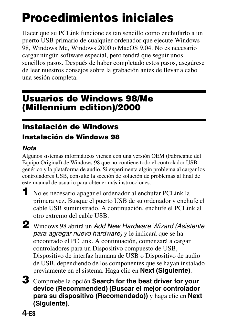 Procedimientos iniciales, Instalación de windows | Sony PCLink User Manual | Page 40 / 76