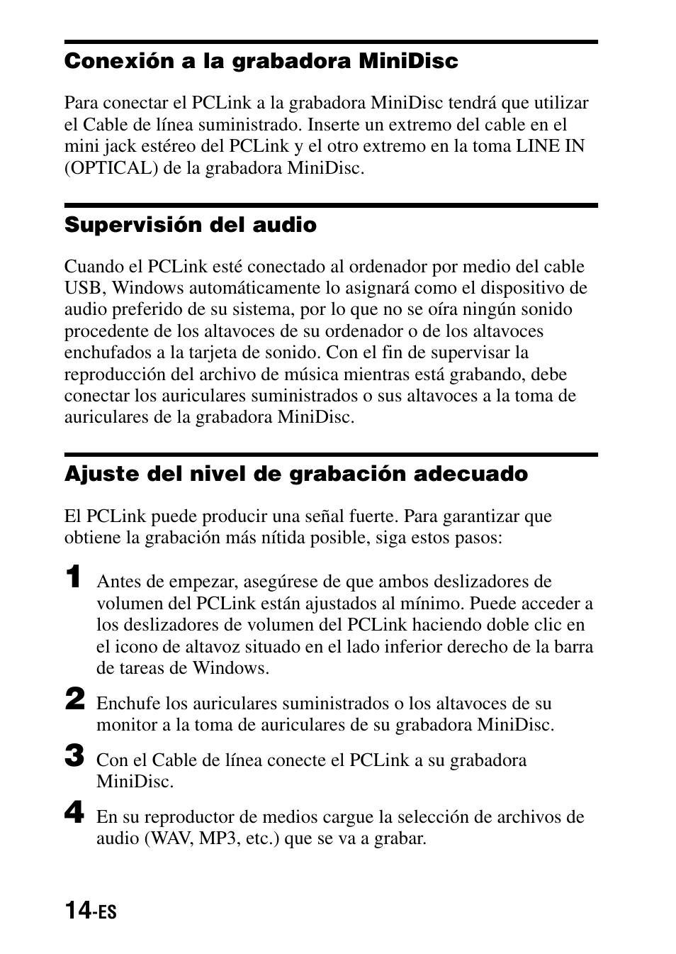 Conexión a la grabadora minidisc, Supervisión del audio, Ajuste del nivel de grabación adecuado | Sony PCLink User Manual | Page 50 / 76