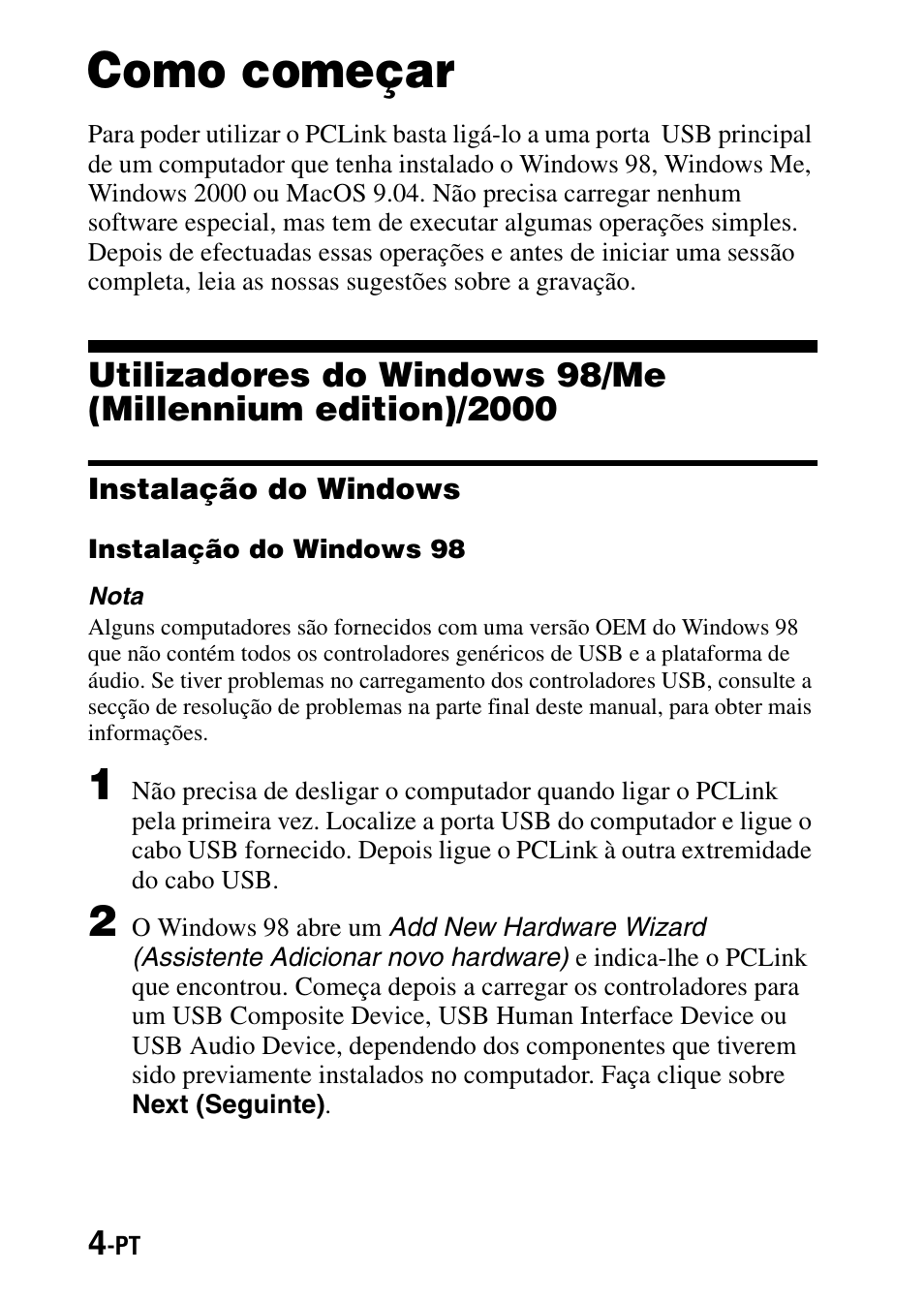 Como começar, Instalação do windows | Sony PCLink User Manual | Page 60 / 76