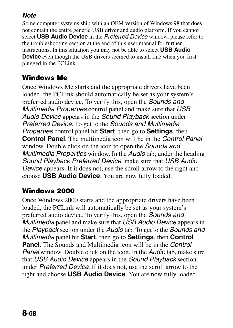 Windows me windows 2000 | Sony PCLink User Manual | Page 8 / 76
