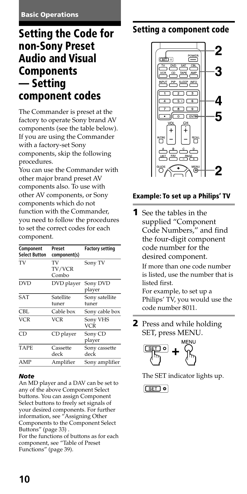 Basic operations, Setting a component code, Setting component codes | Press and while holding set, press menu | Sony RM-VL610 User Manual | Page 10 / 52