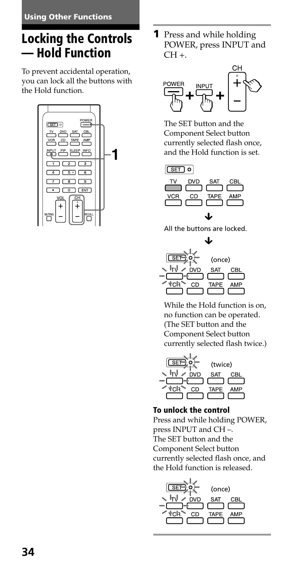 Using other functions, Locking the controls — hold function | Sony RM-VL610 User Manual | Page 34 / 52
