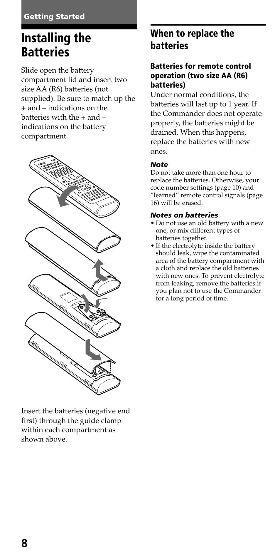 Getting started, Installing the batteries, When to replace the batteries | Sony RM-VL610 User Manual | Page 8 / 52