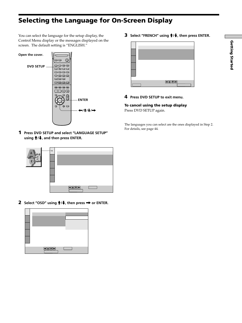 Selecting the language for on-screen display, Selecting the language for on-screen display 13 | Sony DAV-S300 User Manual | Page 13 / 68