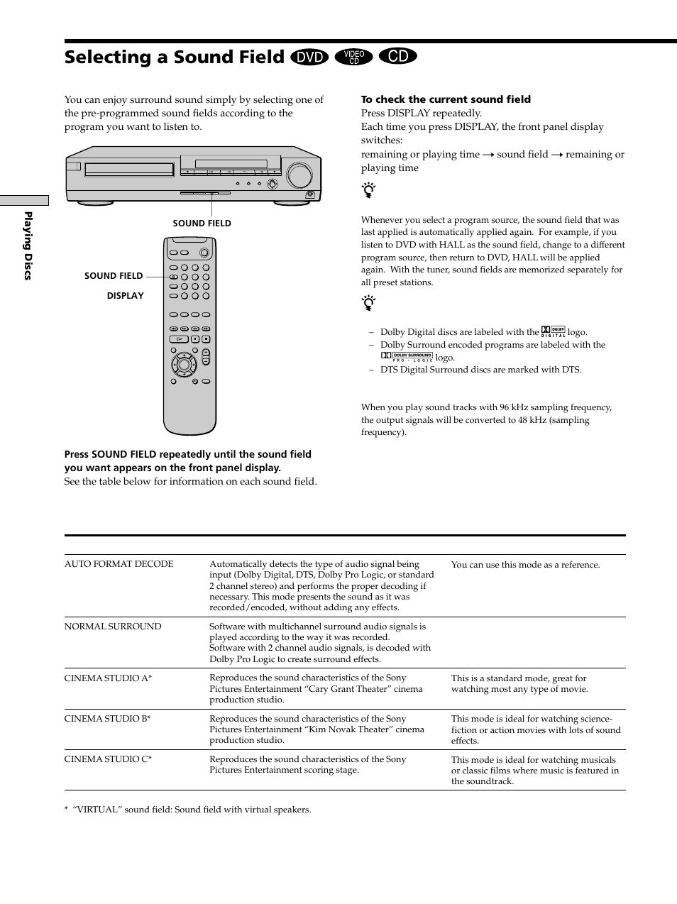 Selecting a sound field, Selecting a sound field 20 | Sony DAV-S300 User Manual | Page 20 / 68