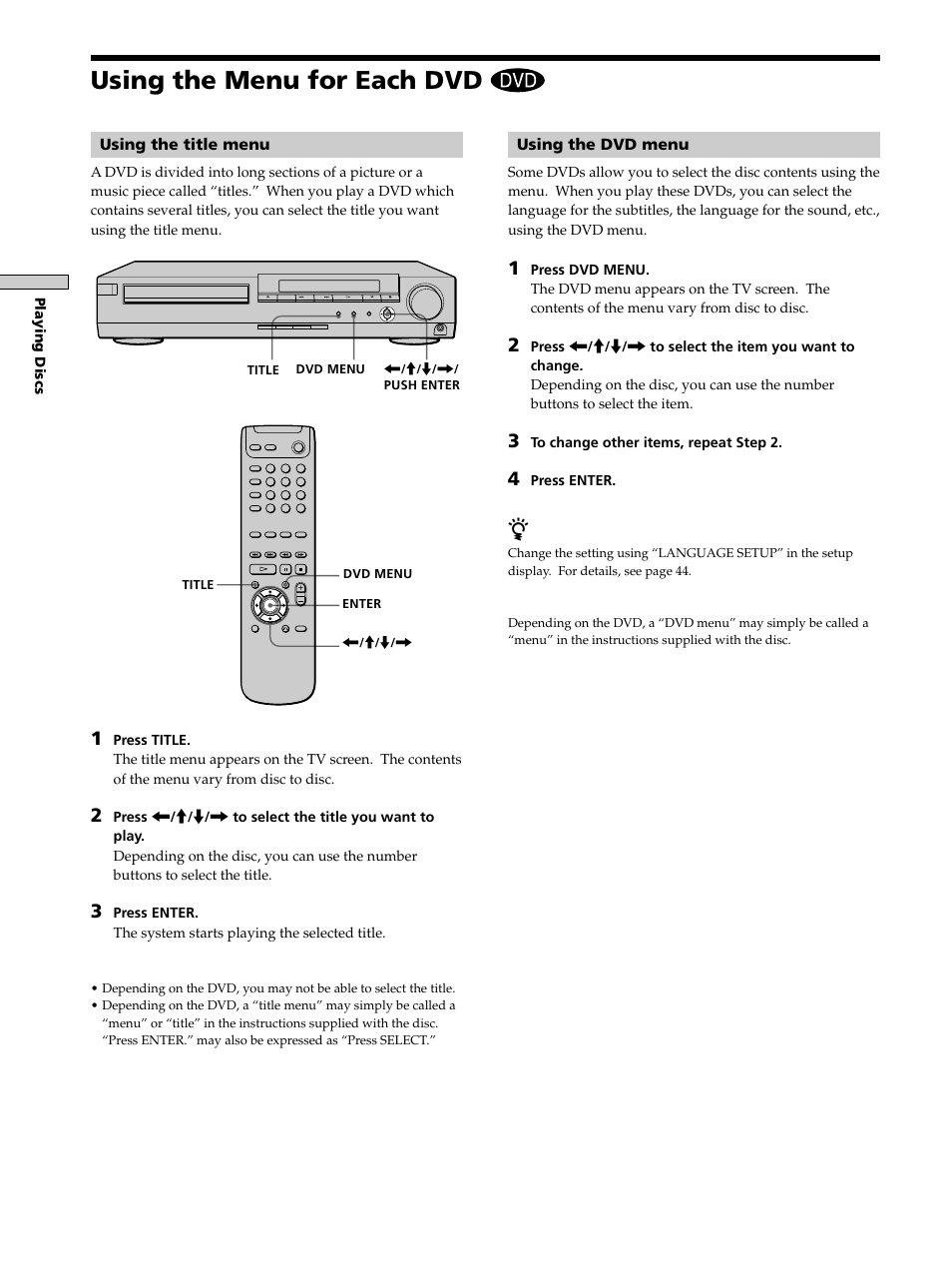 Using the menu for each dvd, Using the menu for each dvd 24 | Sony DAV-S300 User Manual | Page 24 / 68