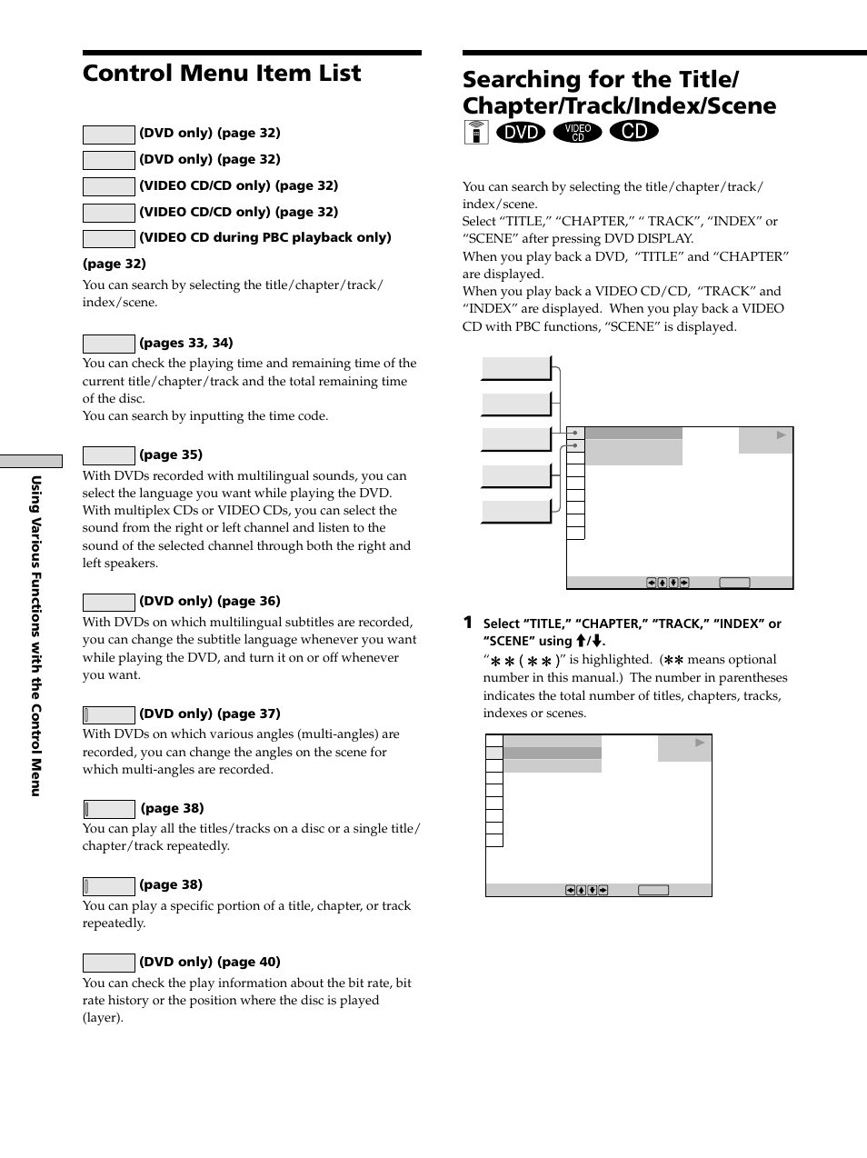 Control menu item list, Searching for the title/chapter/track/index/scene | Sony DAV-S300 User Manual | Page 32 / 68