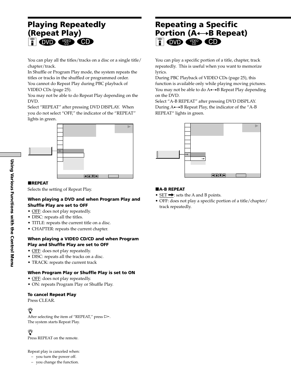 Playing repeatedly (repeat play), Repeating a specific portion (ayb repeat), Yb repeat) 38 | Playing repeatedly (repeat play) z, Repeating a specific portion (a y b repeat) z | Sony DAV-S300 User Manual | Page 38 / 68