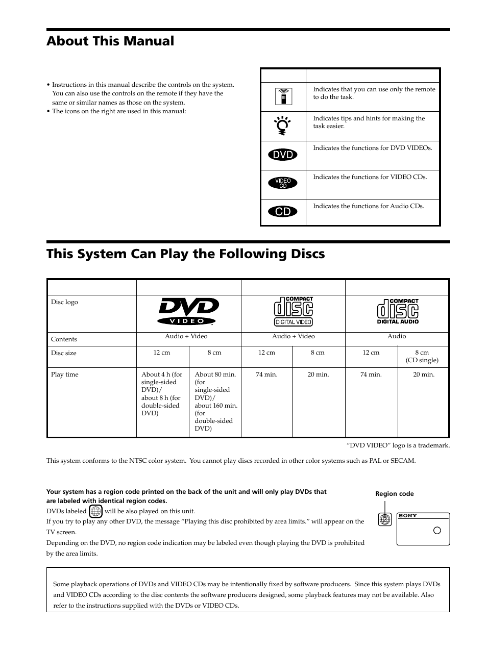 About this manual, This system can play the following discs | Sony DAV-S300 User Manual | Page 4 / 68