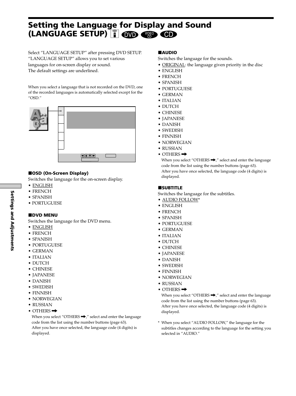 Setting the language for display and sound, Language setup) 44 | Sony DAV-S300 User Manual | Page 44 / 68
