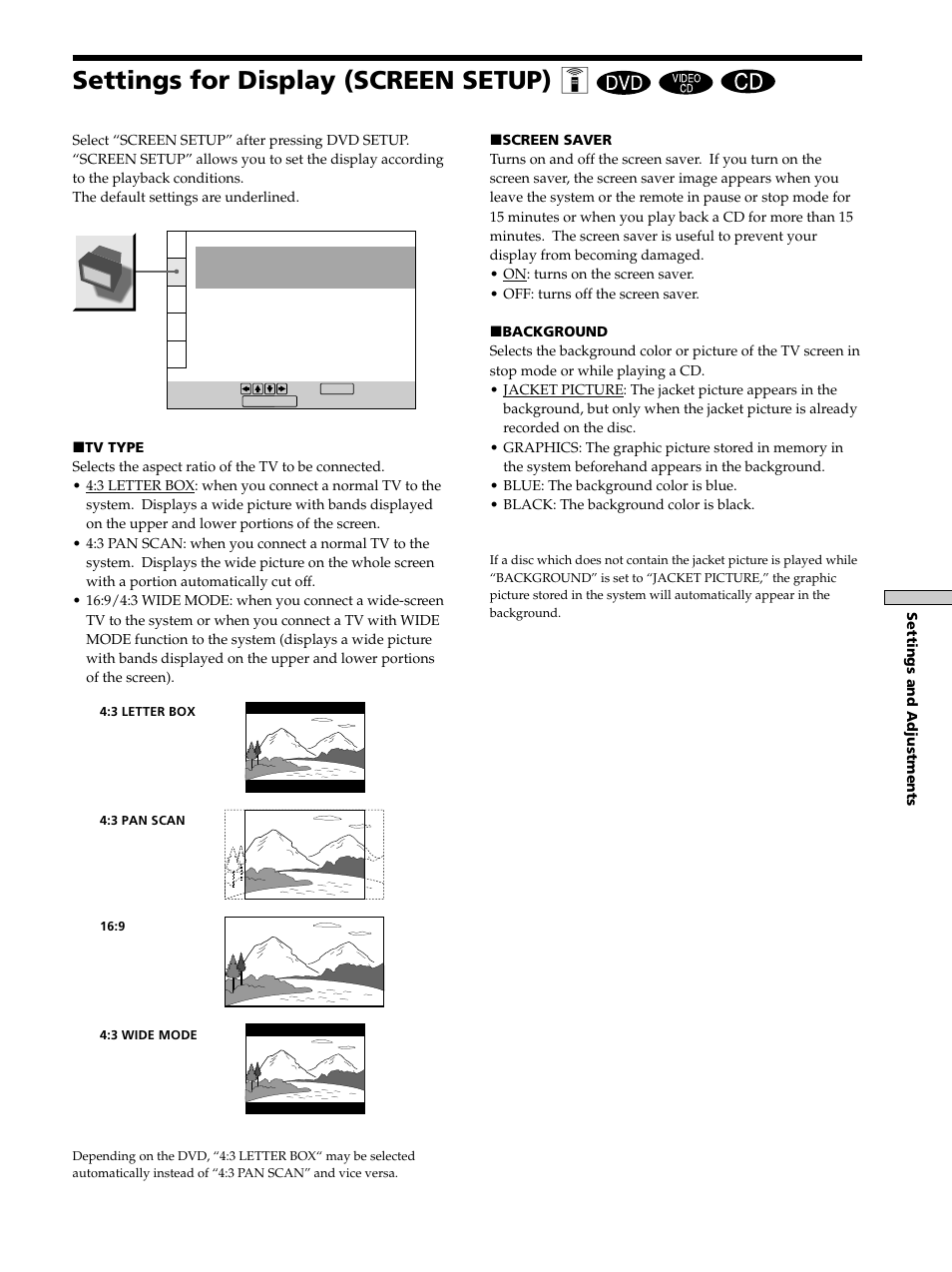 Settings for display (screen setup), Settings for display (screen setup) 45, Settings for display (screen setup) z | Sony DAV-S300 User Manual | Page 45 / 68