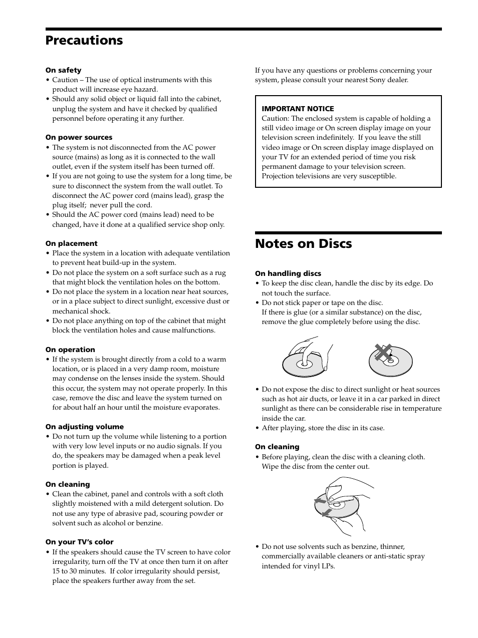 Precautions, Notes on discs, Precautions 6 notes on discs 6 | Sony DAV-S300 User Manual | Page 6 / 68