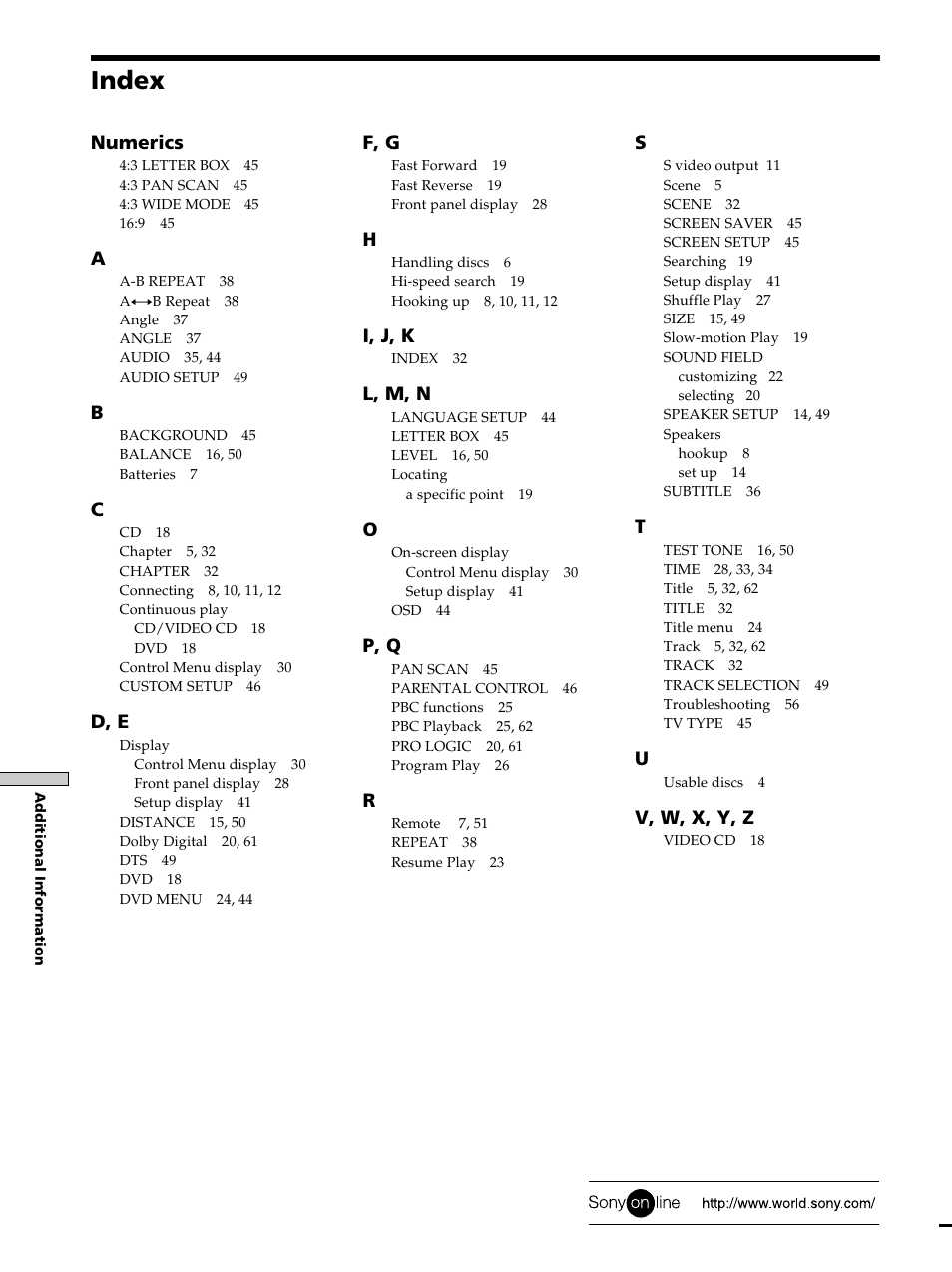 Index, Index back cover | Sony DAV-S300 User Manual | Page 68 / 68