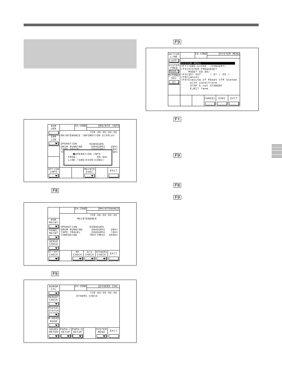 Press the [f9](others check) button, Press the [f9](system menu) button | Sony HDW-F500 User Manual | Page 101 / 178