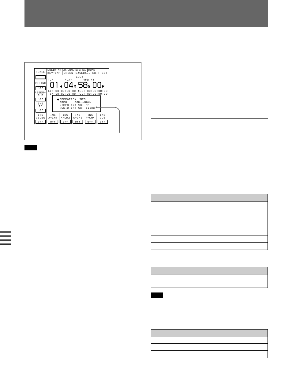 Operation information display, Selecting items to be displayed, Information displayed for each item | Sony HDW-F500 User Manual | Page 134 / 178