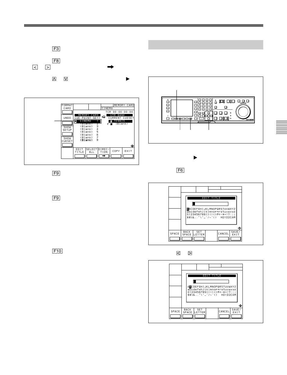 1-6 adding titles to the data, Move the cursor ( z) to item to be filled, Press the f or f button to select a letter | Continued) | Sony HDW-F500 User Manual | Page 53 / 178