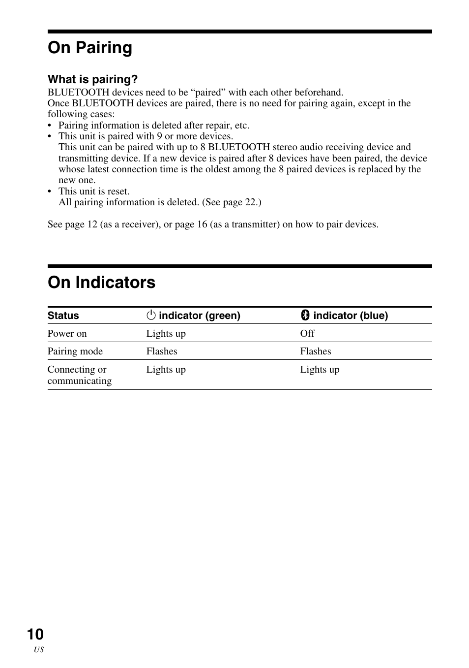 On pairing, On indicators | Sony HWS-BTA2W User Manual | Page 10 / 68