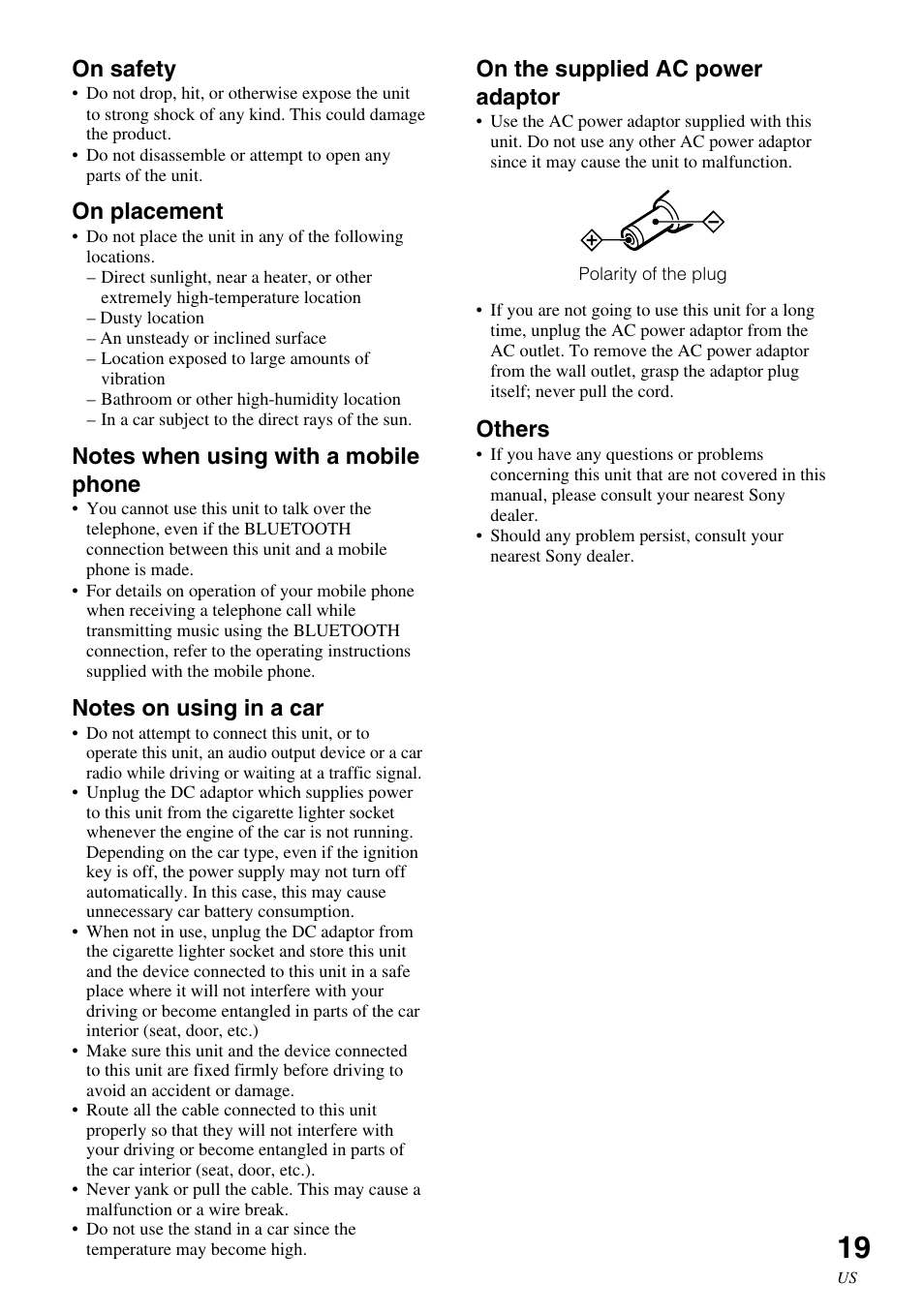 On safety, On placement, On the supplied ac power adaptor | Others | Sony HWS-BTA2W User Manual | Page 19 / 68