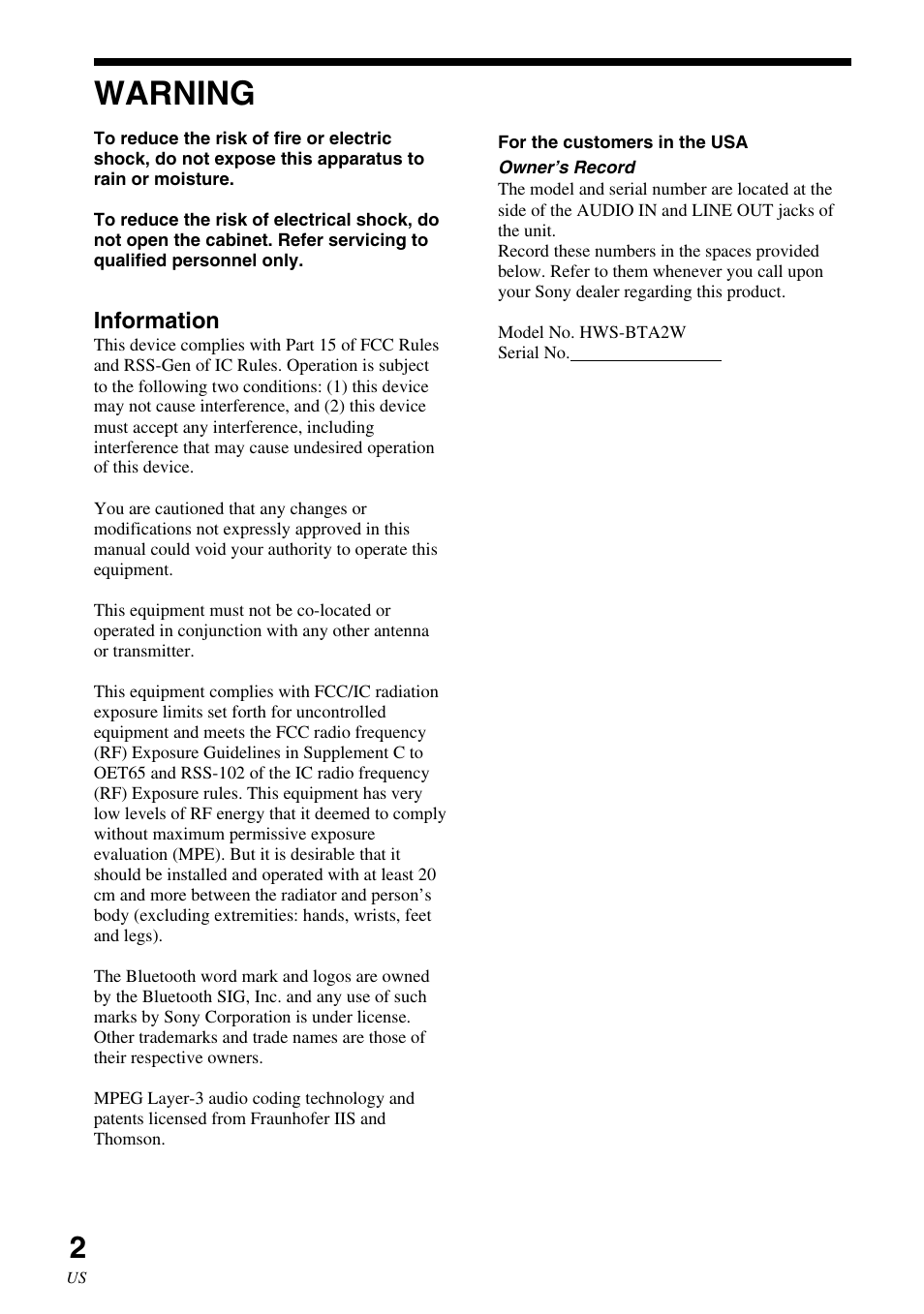 Operating instructions, Warning | Sony HWS-BTA2W User Manual | Page 2 / 68