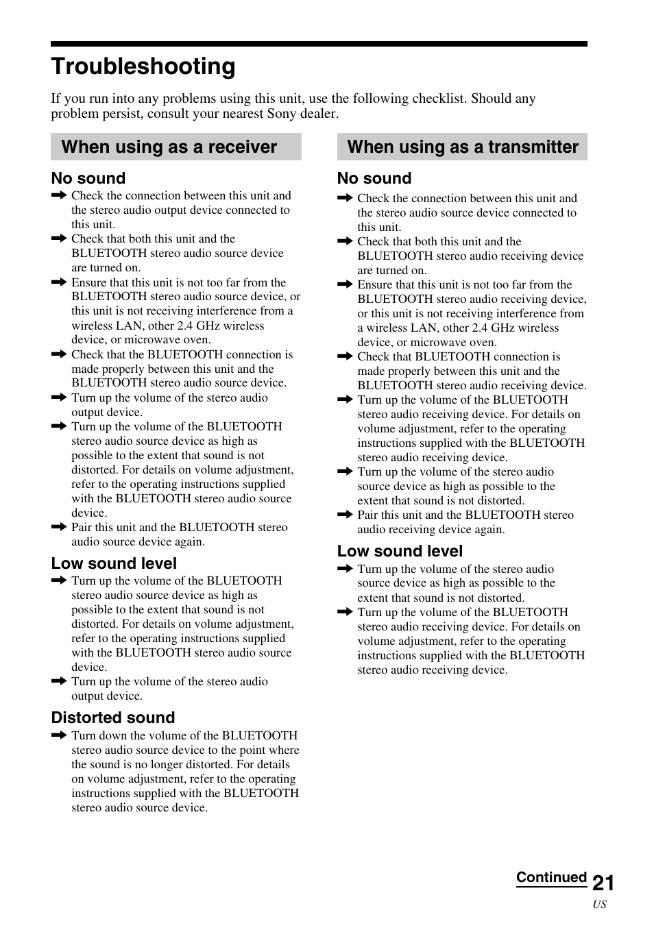 Troubleshooting, When using as a receiver, When using as a transmitter | No sound, Low sound level, Distorted sound | Sony HWS-BTA2W User Manual | Page 21 / 68