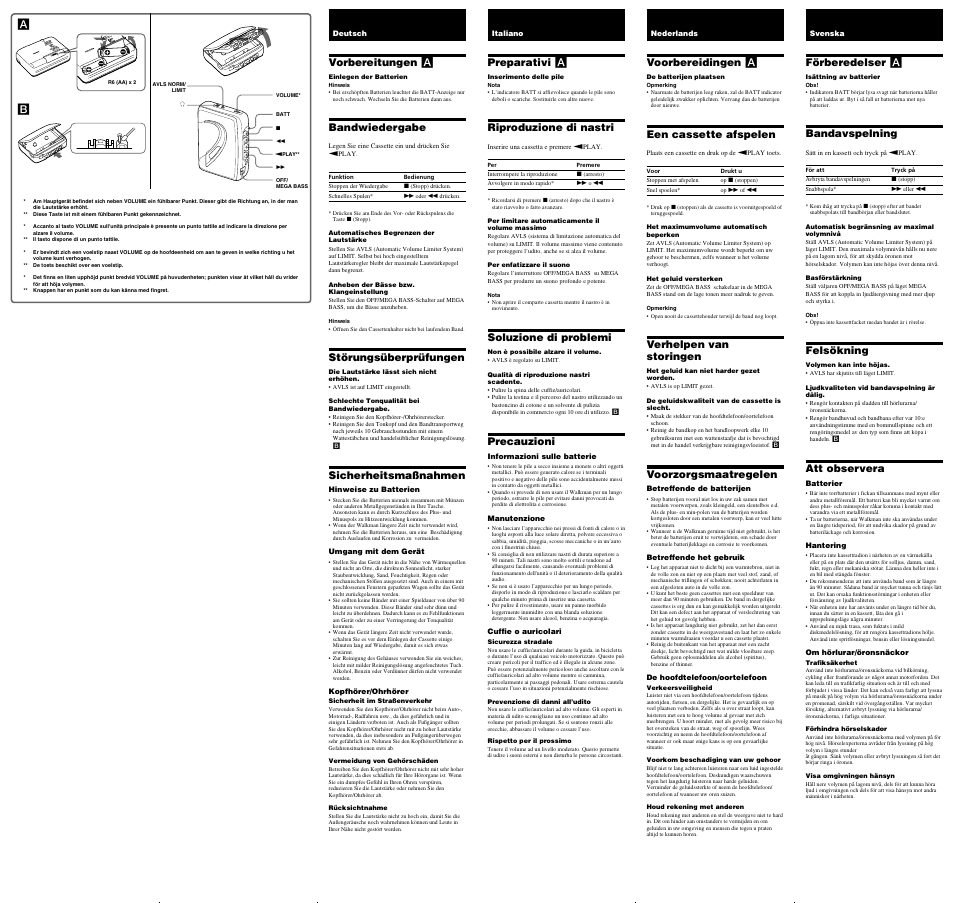 Preparativi a, Riproduzione di nastri, Soluzione di problemi | Precauzioni, Vorbereitungen a, Bandwiedergabe, Störungsüberprüfungen, Sicherheitsmaßnahmen, Voorbereidingen a, Een cassette afspelen | Sony WM-EX194 User Manual | Page 2 / 2