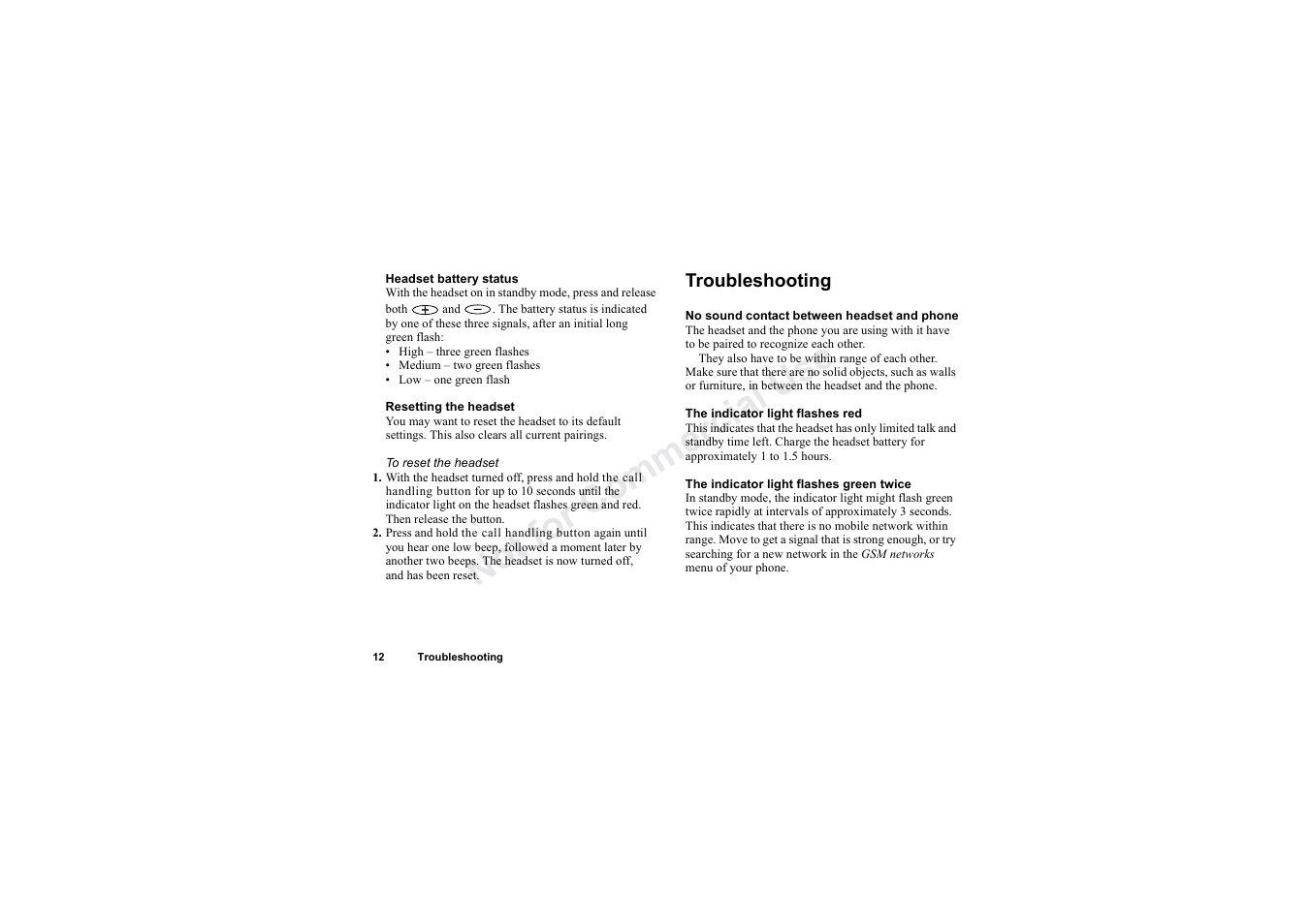 Troubleshooting, Troubleshooting 12, No t fo r c om me rci al u se | Sony HBH-60 User Manual | Page 12 / 95