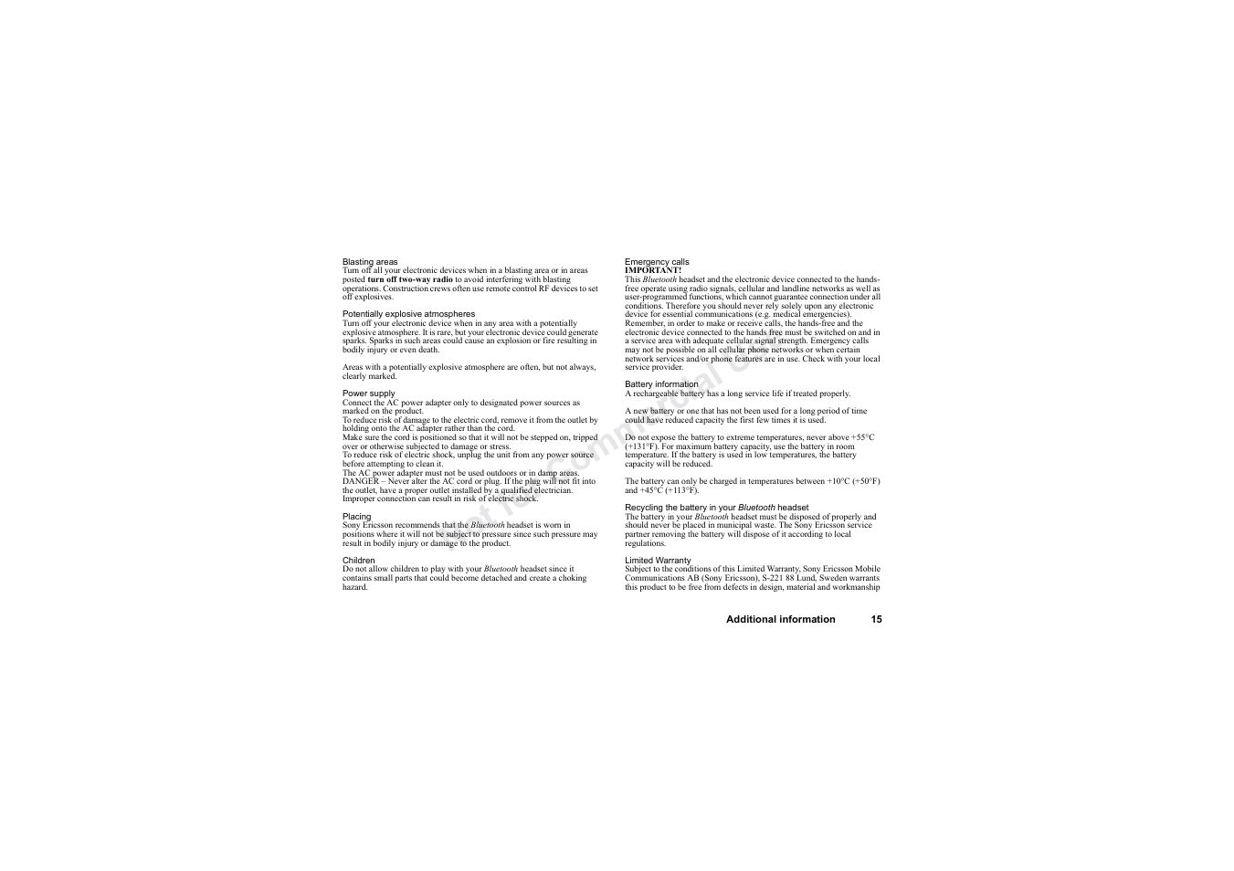 No t fo r c om me rci al u se | Sony HBH-60 User Manual | Page 15 / 95