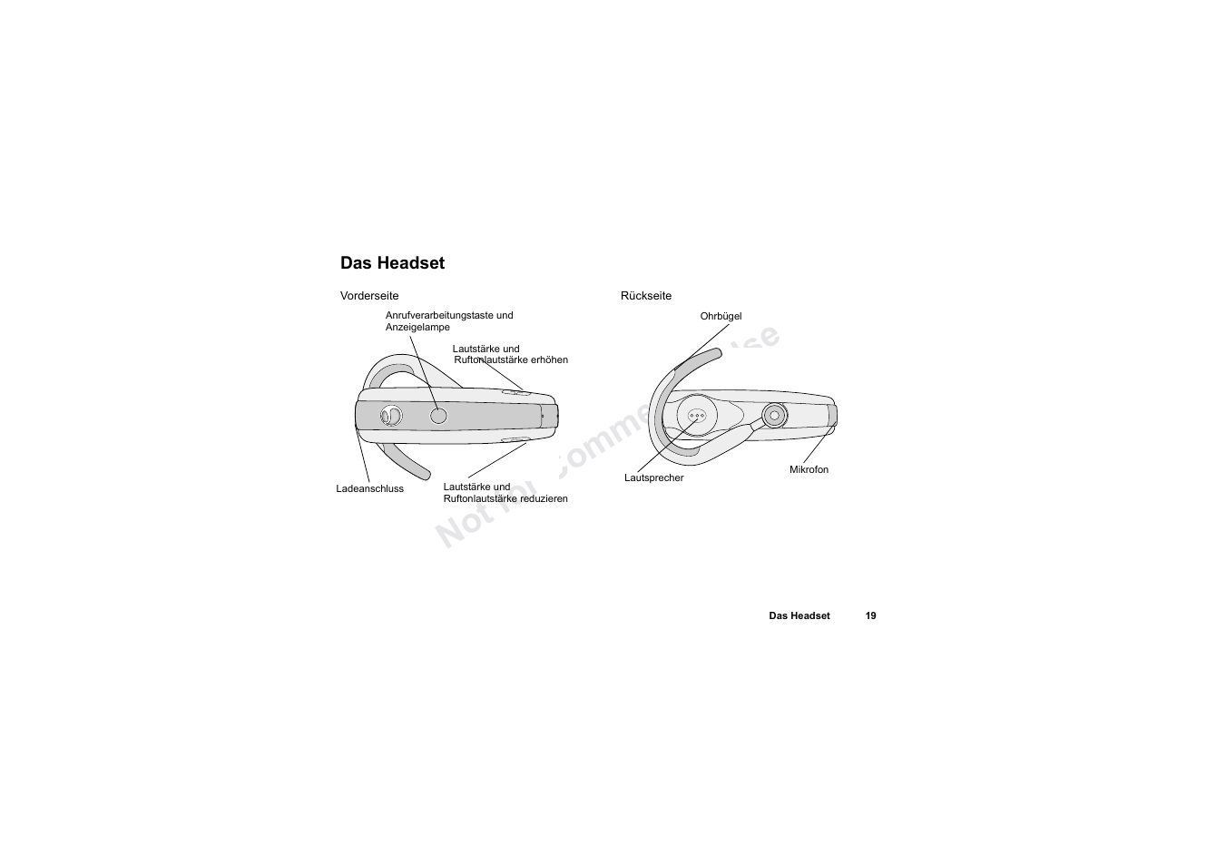 Das headset, Das headset 19, No t fo r c om me rci al u se | Sony HBH-60 User Manual | Page 19 / 95