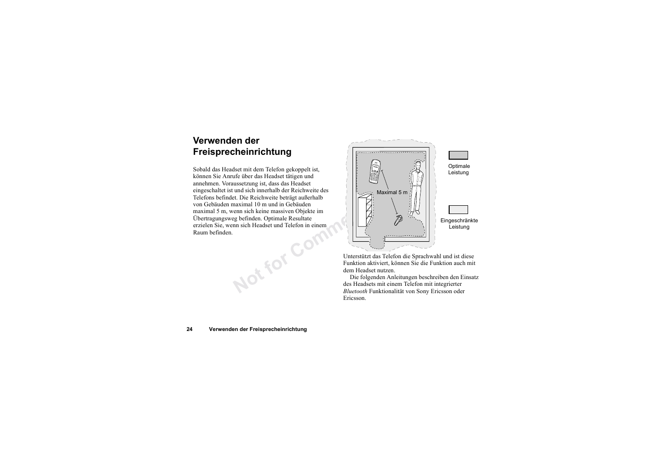 Verwenden der freisprecheinrichtung, Verwenden der freisprecheinrichtung 24, No t fo r c om me rci al u se | Sony HBH-60 User Manual | Page 24 / 95