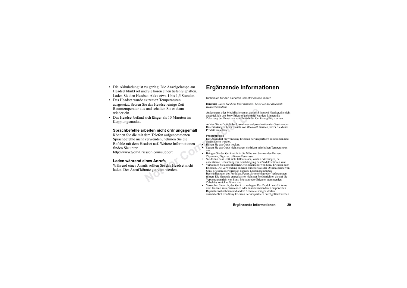 Ergänzende informationen, Ergänzende informationen 29, No t fo r c om me rci al u se | Sony HBH-60 User Manual | Page 29 / 95