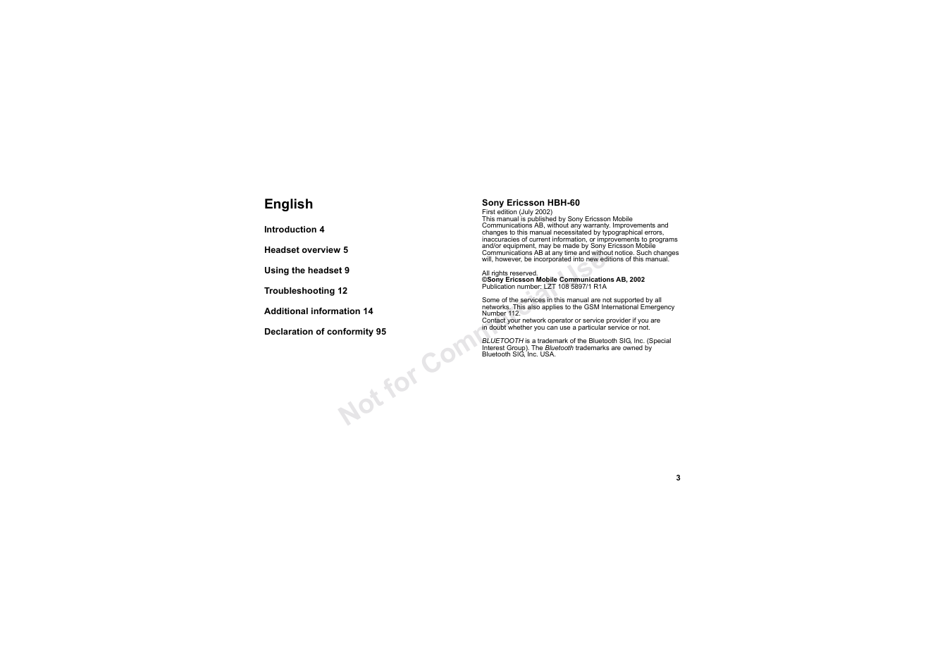 English, No t fo r c om me rci al u se | Sony HBH-60 User Manual | Page 3 / 95
