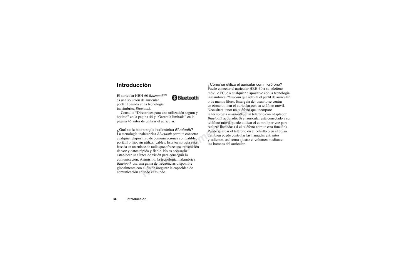 Introducción, Introducción 34, No t fo r c om me rci al u se | Sony HBH-60 User Manual | Page 34 / 95