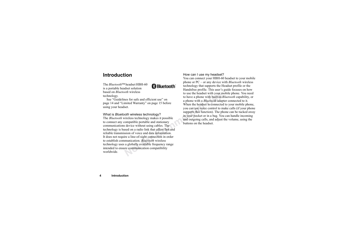 Introduction, Introduction 4, No t fo r c om me rci al u se | Sony HBH-60 User Manual | Page 4 / 95