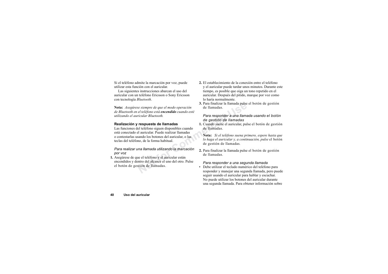 No t fo r c om me rci al u se | Sony HBH-60 User Manual | Page 40 / 95