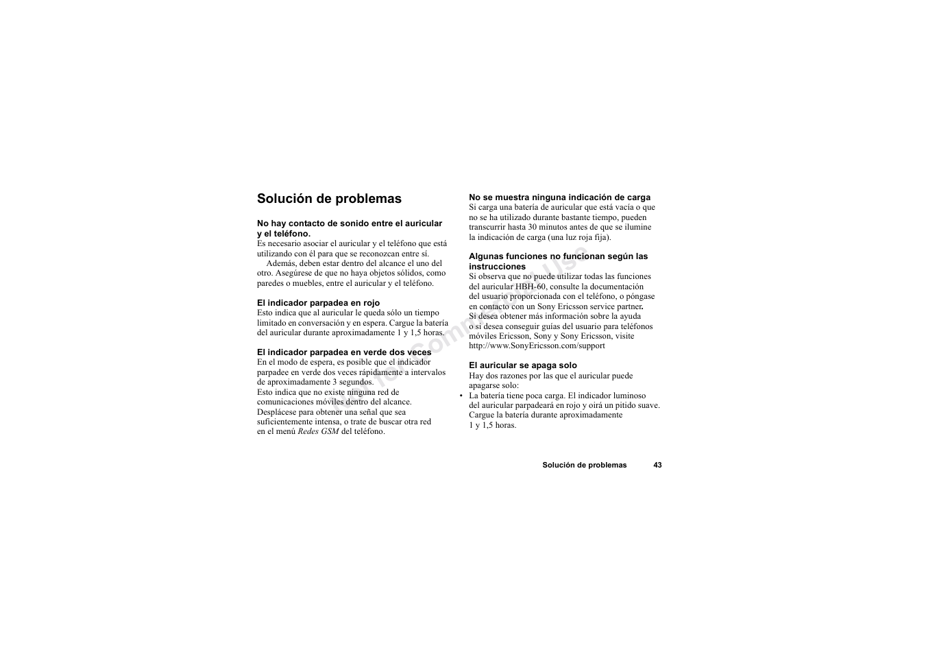 Solución de problemas, Solución de problemas 43, No t fo r c om me rci al u se | Sony HBH-60 User Manual | Page 43 / 95