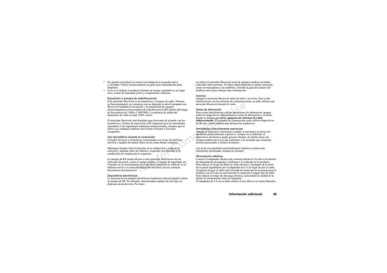 No t fo r c om me rci al u se | Sony HBH-60 User Manual | Page 45 / 95
