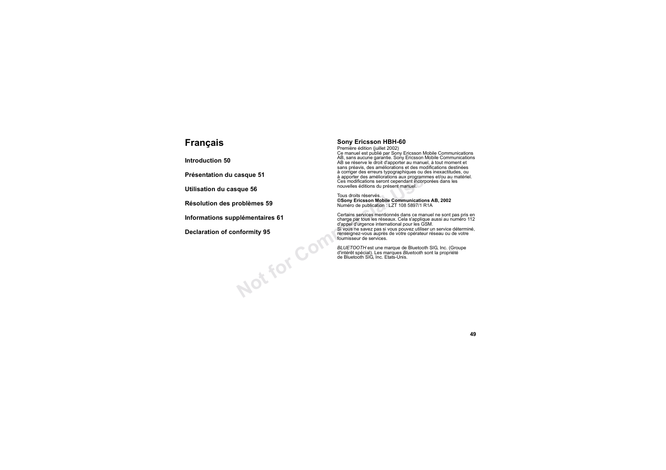 Français, No t fo r c om me rci al u se | Sony HBH-60 User Manual | Page 49 / 95