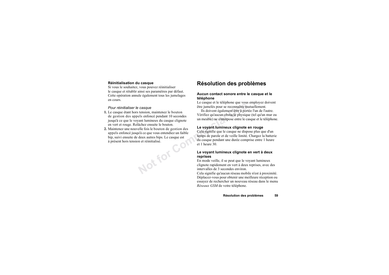 Résolution des problèmes, Résolution des problèmes 59, No t fo r c om me rci al u se | Sony HBH-60 User Manual | Page 59 / 95