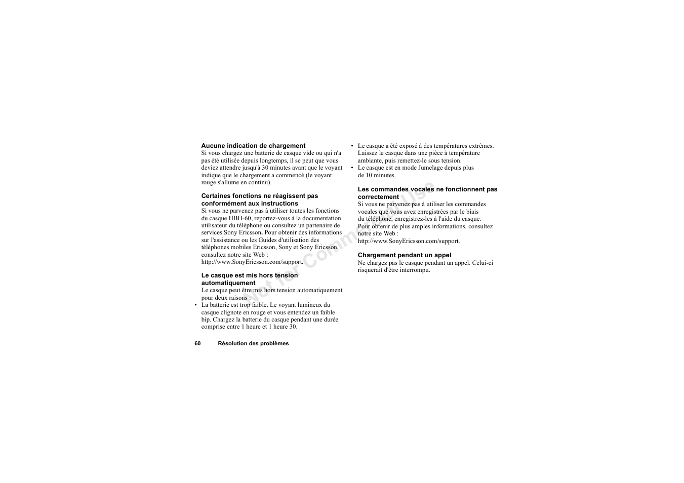 No t fo r c om me rci al u se | Sony HBH-60 User Manual | Page 60 / 95