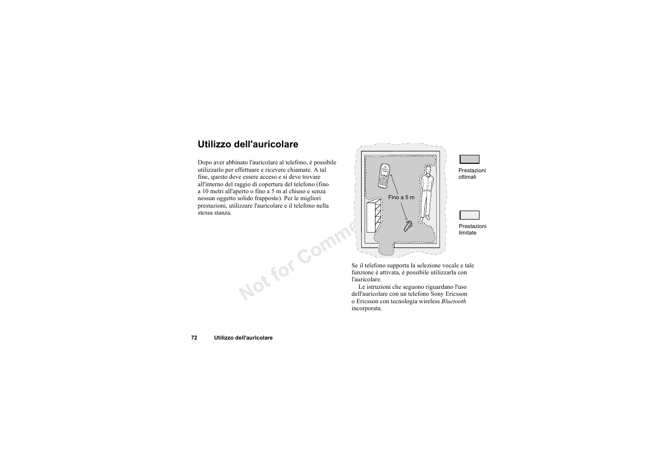 Utilizzo dell'auricolare, Utilizzo dell'auricolare 72, No t fo r c om me rci al u se | Sony HBH-60 User Manual | Page 72 / 95