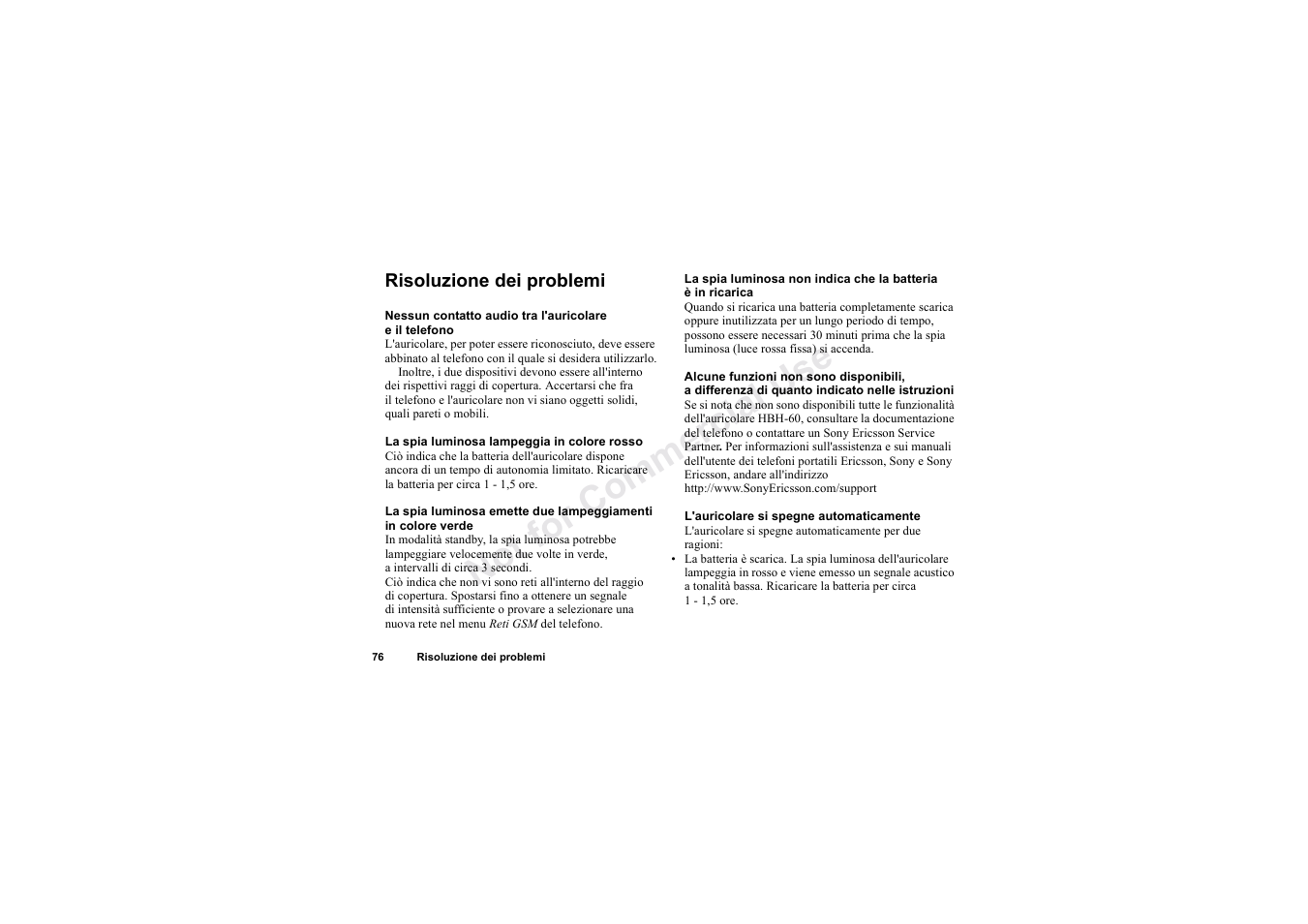 Risoluzione dei problemi, Risoluzione dei problemi 76, No t fo r c om me rci al u se | Sony HBH-60 User Manual | Page 76 / 95